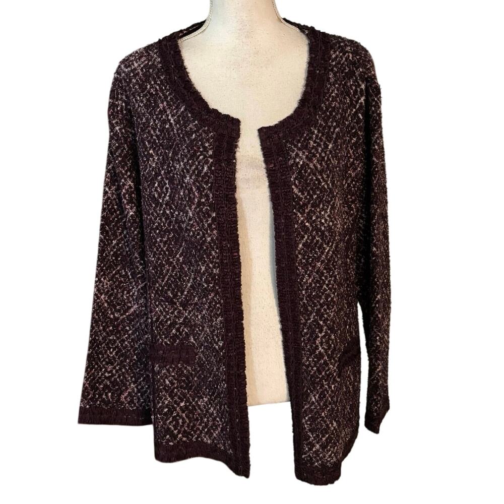 Chicos Travelers Size 2 US L 12 14 Textured Jacket Open Front Purple Plum